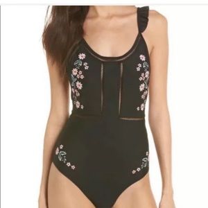 Topshop Black Floral One Piece Swimsuit